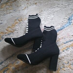 Cape Robbin Black Knit Sock Block Heel Boots with White Trim